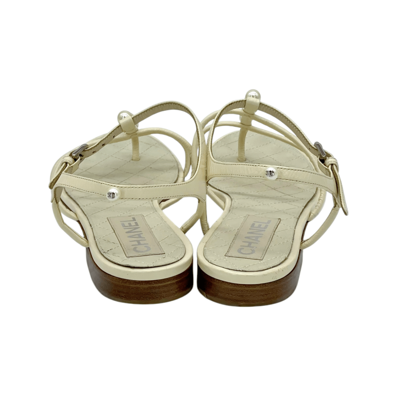  Chanel Beige Pearl Flat Leather Sandals 38 CHANEL  
