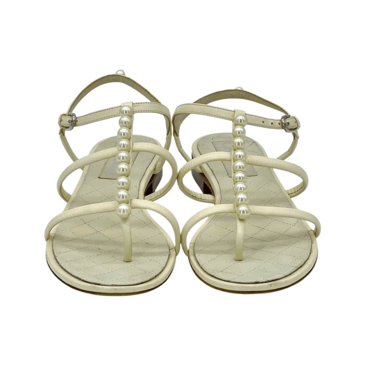  Chanel Beige Pearl Flat Leather Sandals 38 CHANEL  