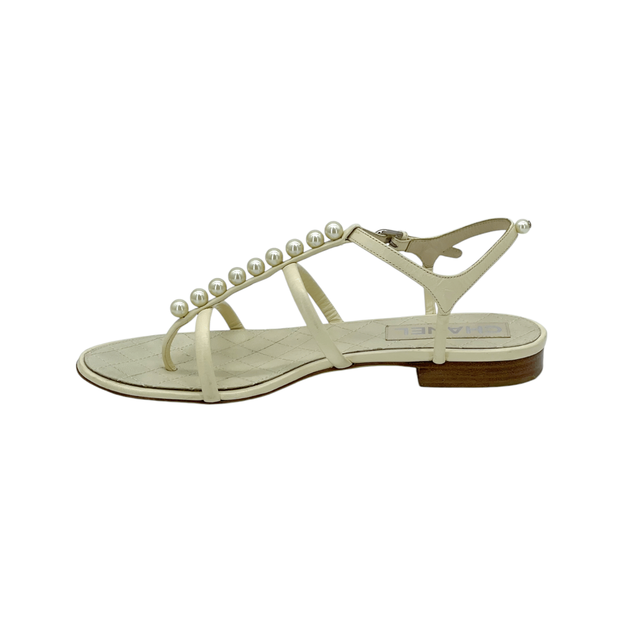  Chanel Beige Pearl Flat Leather Sandals 38 CHANEL  