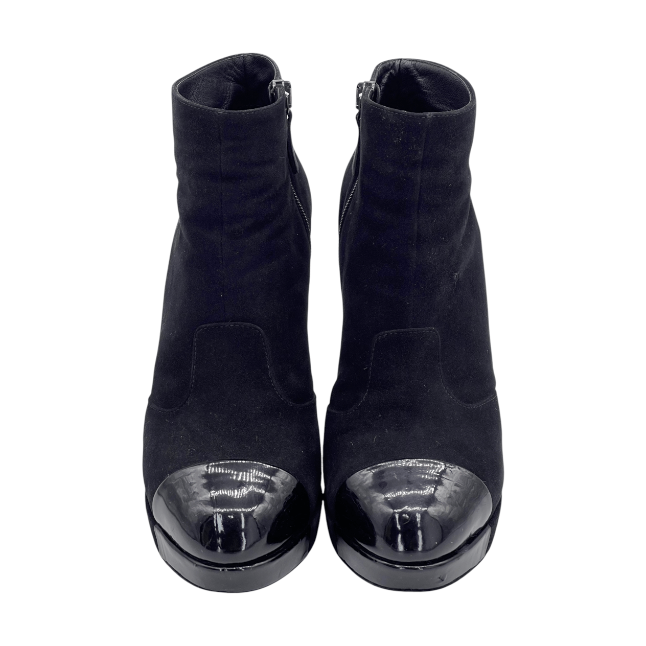  Chanel Black Suede Patent Leather Logo CC Ankle Boots 39.5C CHANEL  