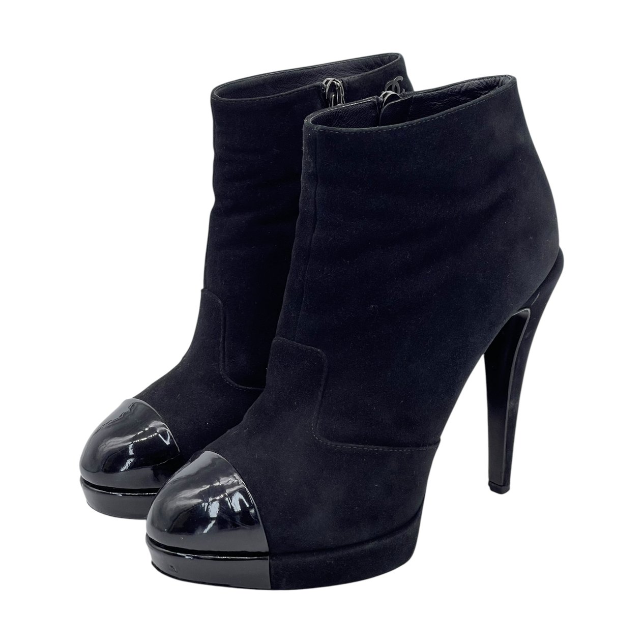  Chanel Black Suede Patent Leather Logo CC Ankle Boots 39.5C CHANEL  
