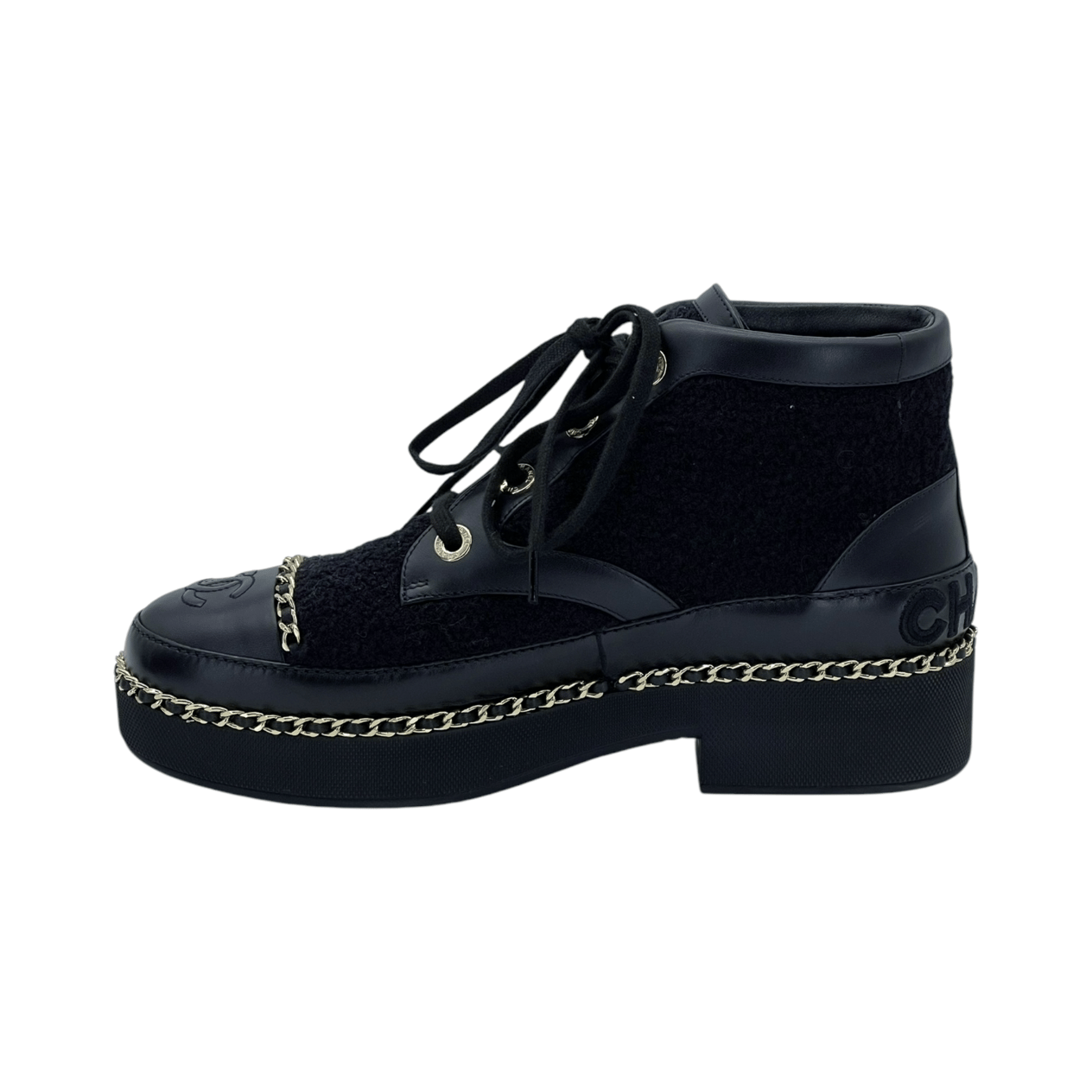  Chanel Black Tweed Calfskin Chain Short Boots 39 CHANEL  