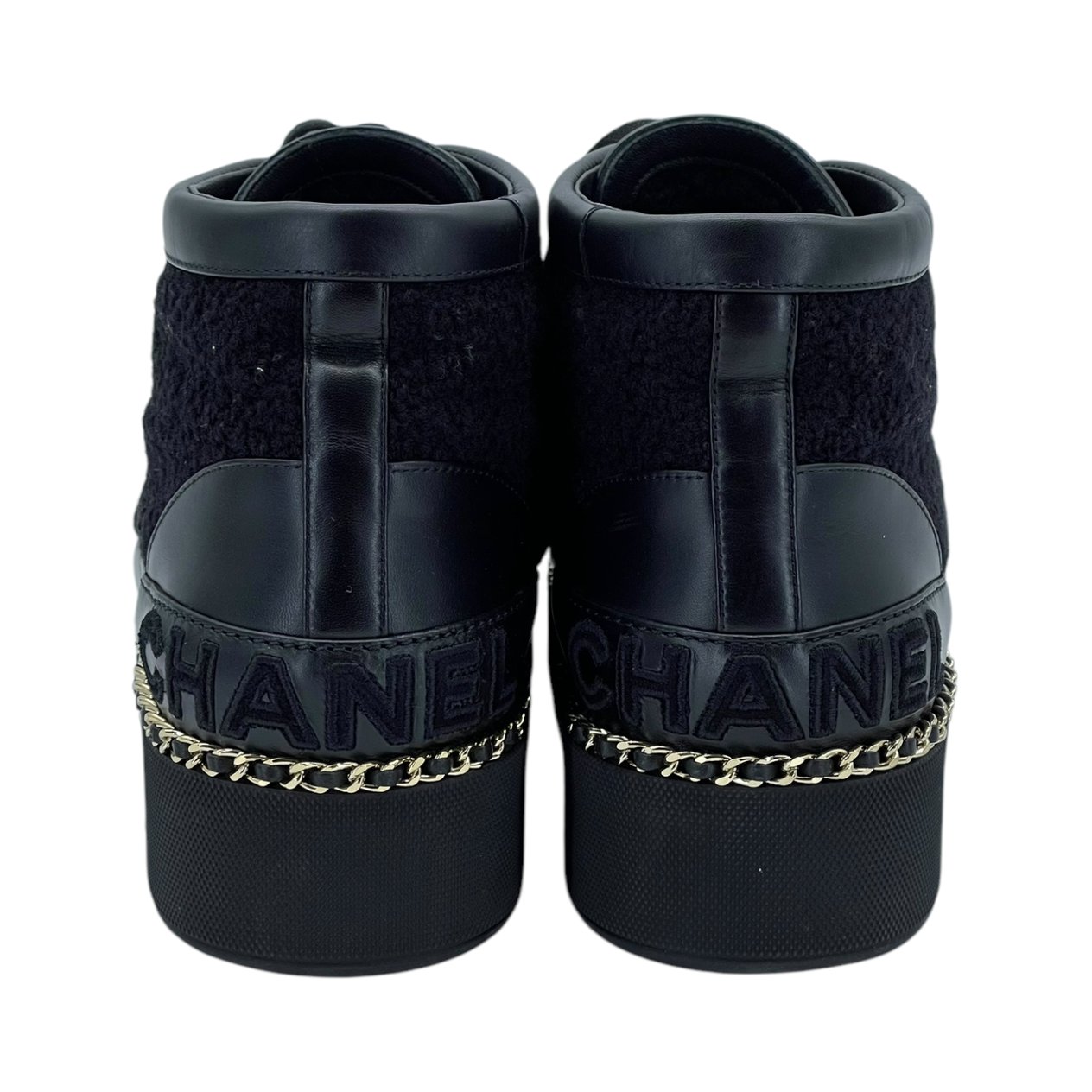  Chanel Black Tweed Calfskin Chain Short Boots 39 CHANEL  