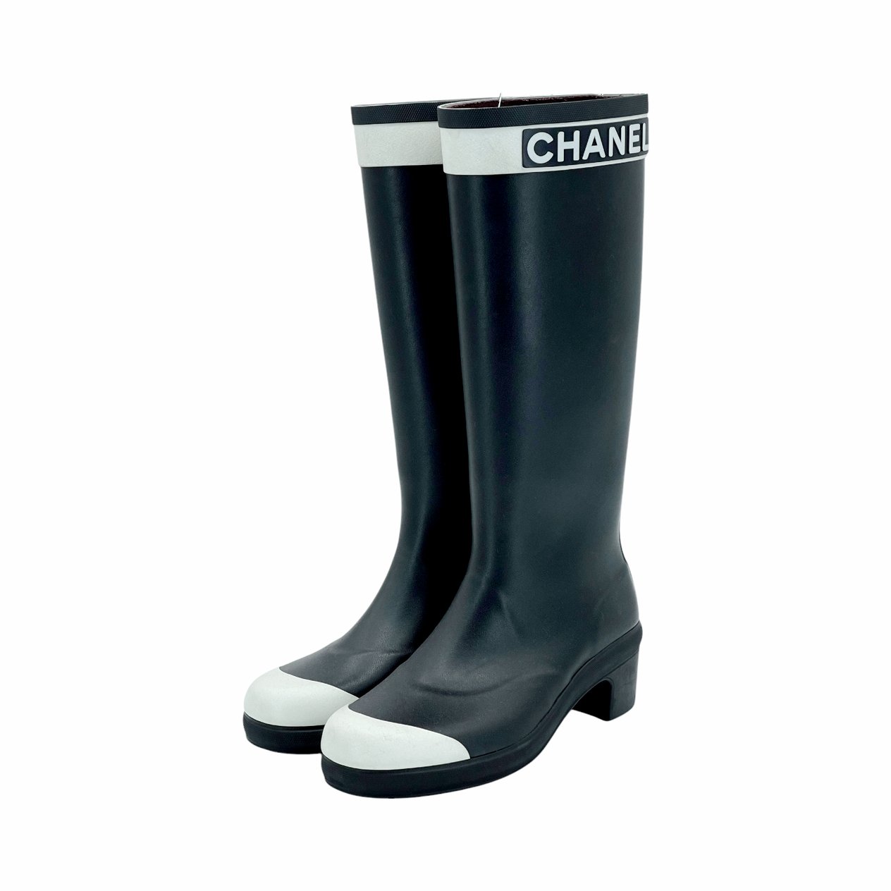  Chanel Black White Rubber Rain Boots 39 CHANEL  