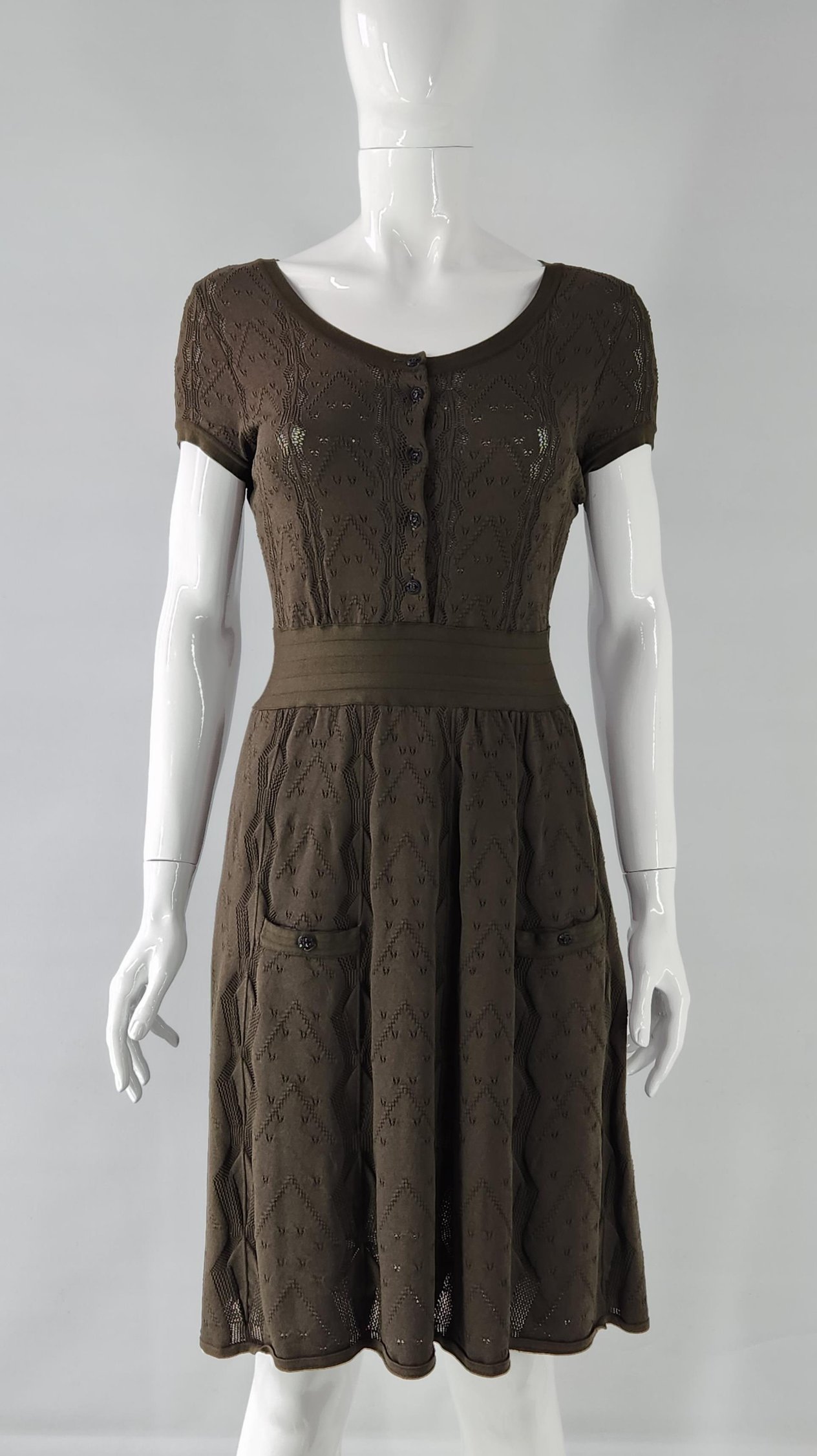  Chanel Khaki Short Sleeve Lace Dress 38 CHANEL  