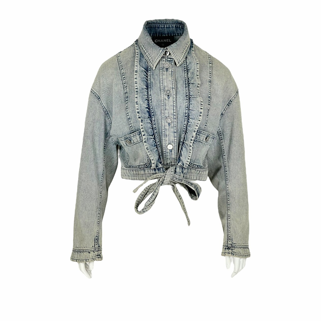  Chanel Light Blue Interlocking CC Logo Ruffle Embellished Denim Jacket 42 CHANEL  