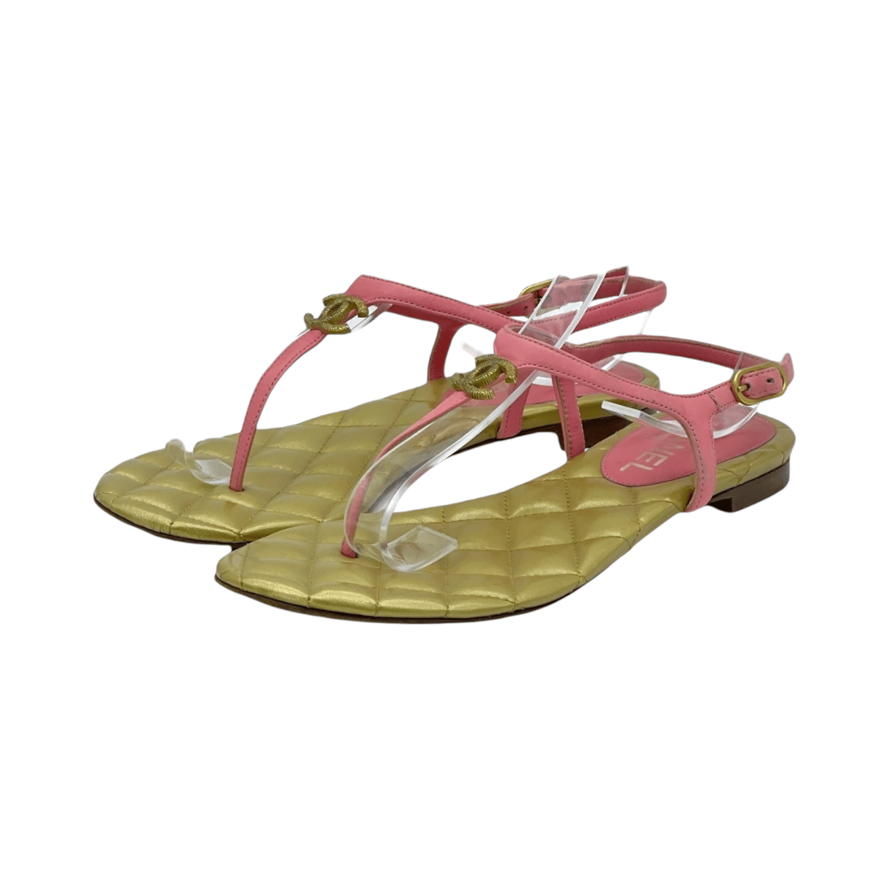  Chanel Pink Gold Leather Quilted CC Thong Sandals 35C CHANEL  