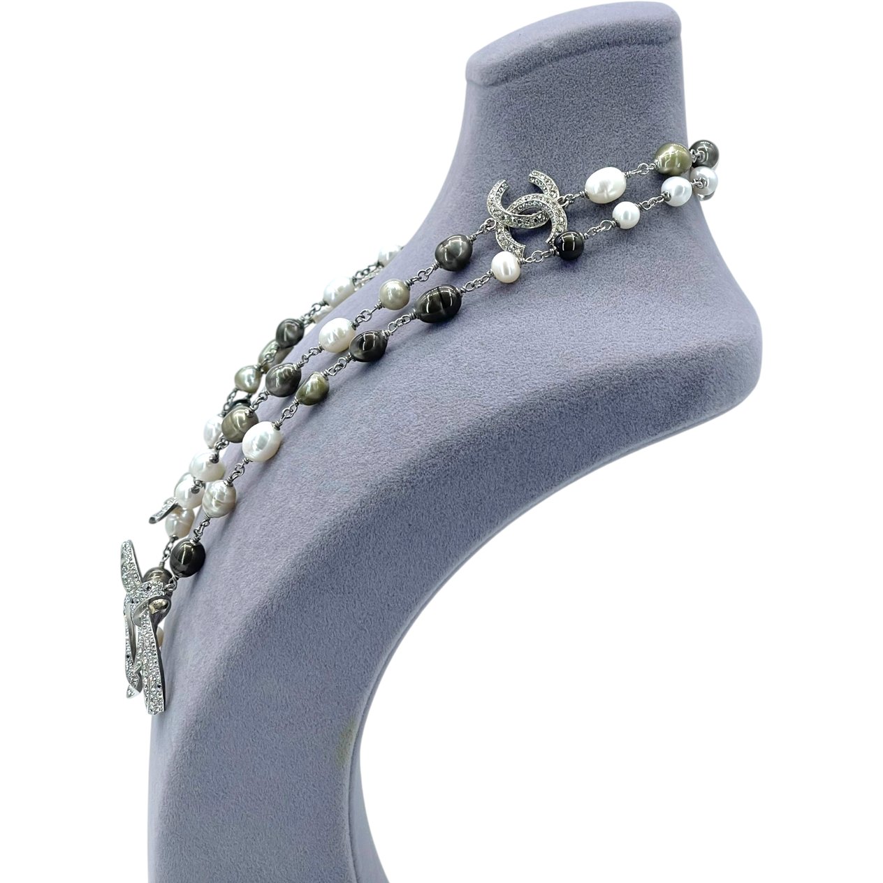  Chanel White Khaki Pearl Crystal CC Bow Necklace CHANEL  