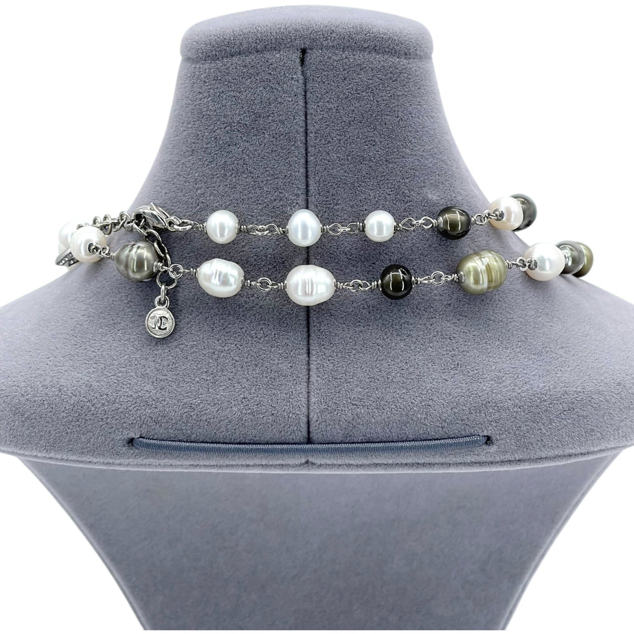  Chanel White Khaki Pearl Crystal CC Bow Necklace CHANEL  