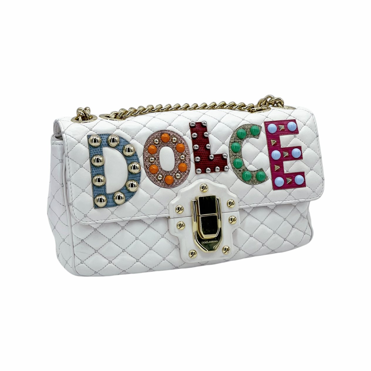  Dolce Gabbana White Leather Multicolor Studded Lucia Shoulder Bag DOLCE & GABBANA  