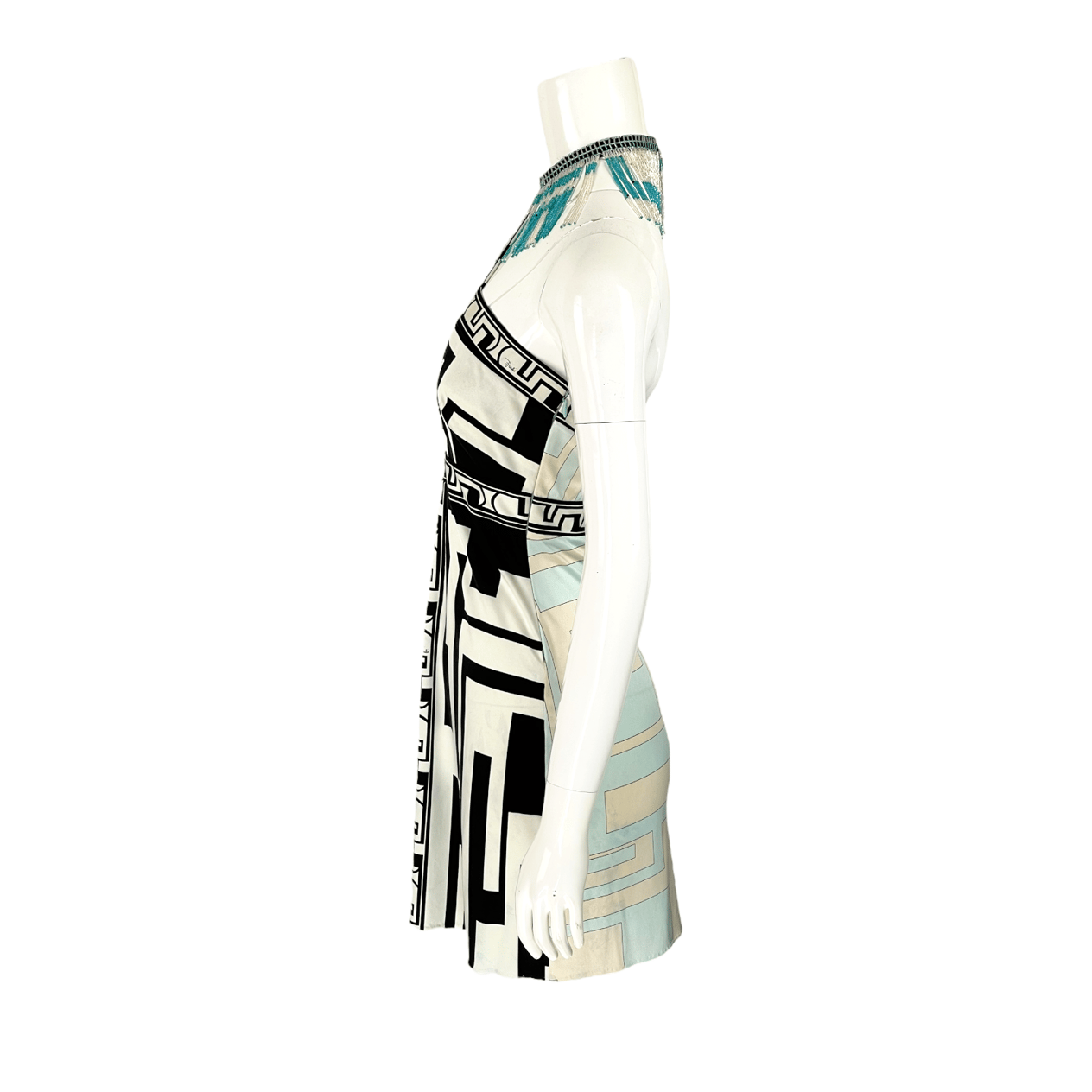  Emilio Pucci Black White Turquoise Silk Neck Beaded Mini Dress IT40 EMILIO PUCCI  