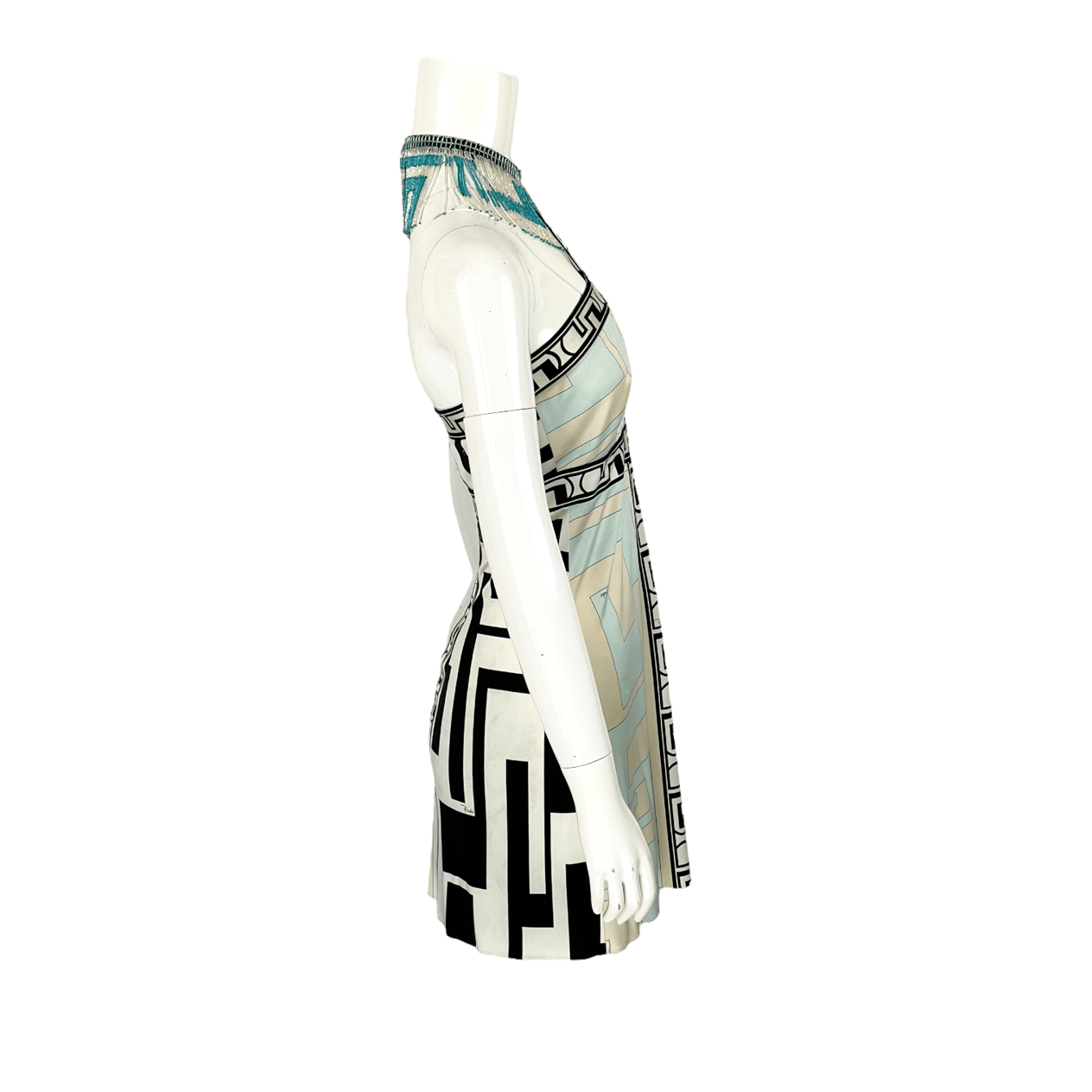  Emilio Pucci Black White Turquoise Silk Neck Beaded Mini Dress IT40 EMILIO PUCCI  