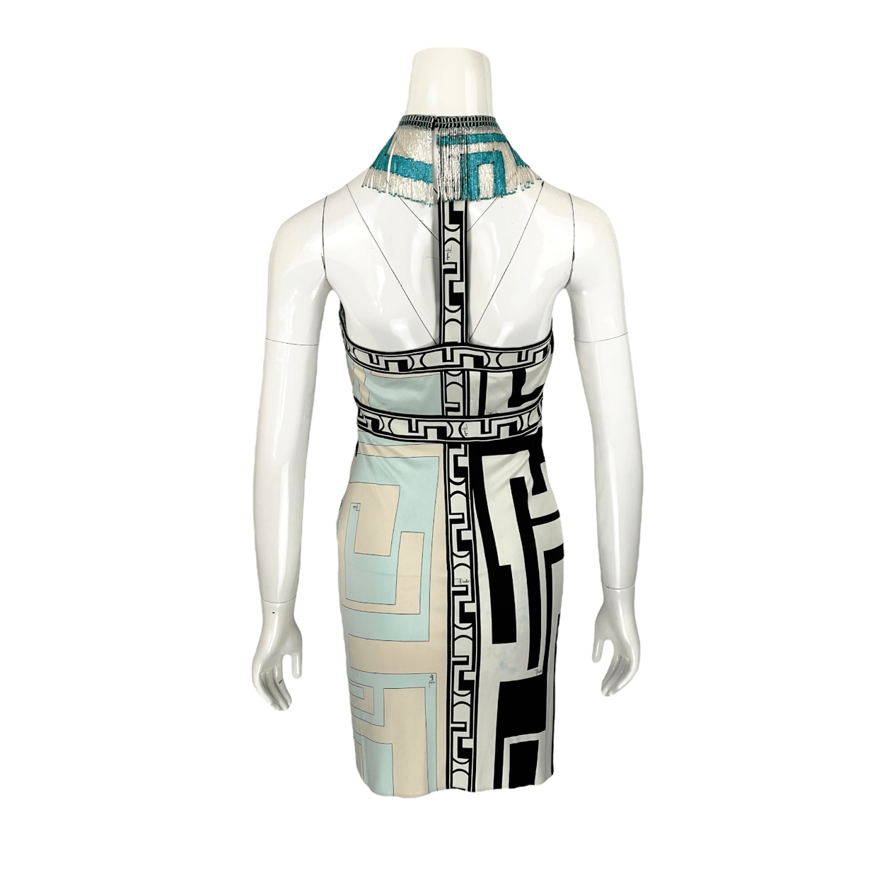  Emilio Pucci Black White Turquoise Silk Neck Beaded Mini Dress IT40 EMILIO PUCCI  