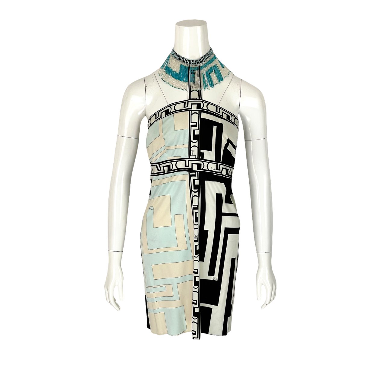  Emilio Pucci Black White Turquoise Silk Neck Beaded Mini Dress IT40 EMILIO PUCCI  