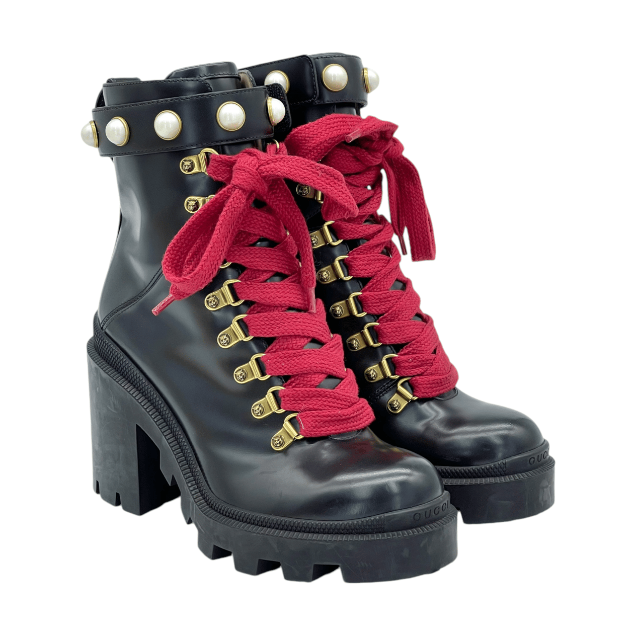  Gucci Black Leather Faux Pearl Embellished Ankle Boots 36 GUCCI  