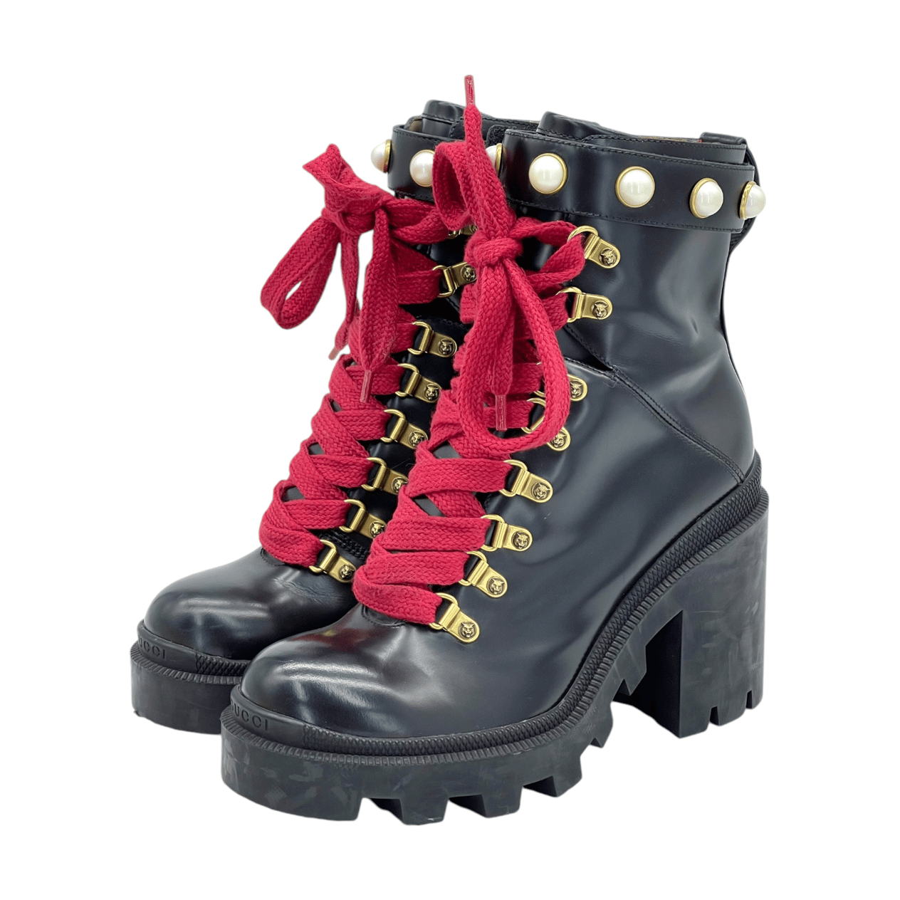  Gucci Black Leather Faux Pearl Embellished Ankle Boots 36 GUCCI  