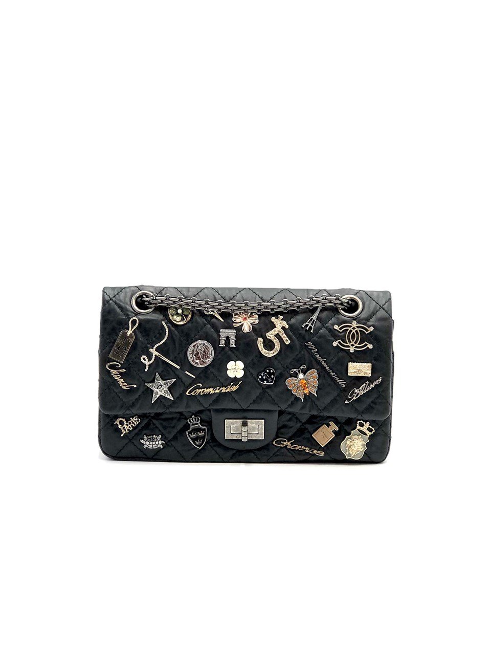  LIMITED EDITION BLACK ANTIQUED LAMBSKIN LEATHER LUCKY CHARM DOUBLE FLAP BAG Chanel  