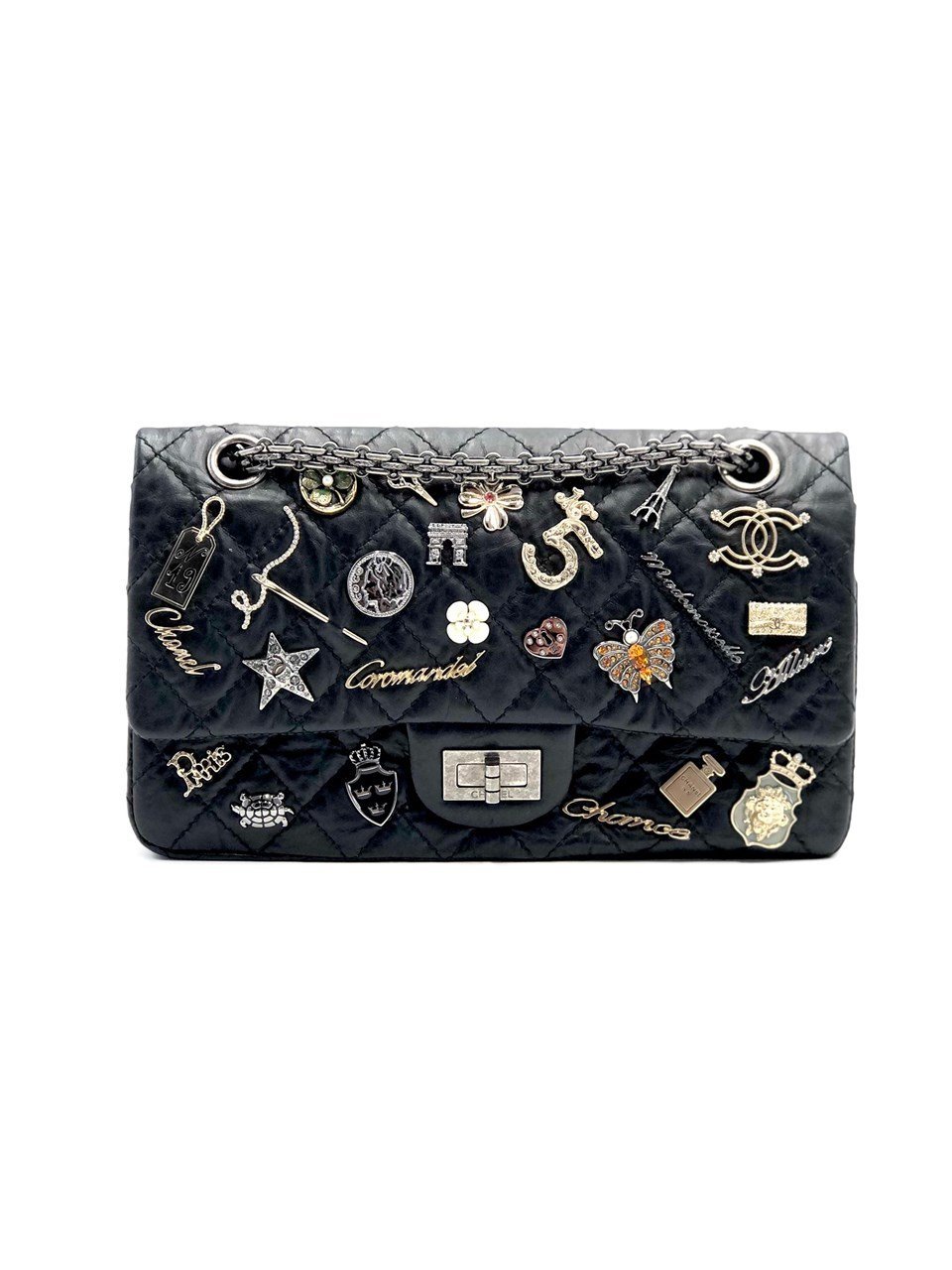  LIMITED EDITION BLACK ANTIQUED LAMBSKIN LEATHER LUCKY CHARM DOUBLE FLAP BAG Chanel  