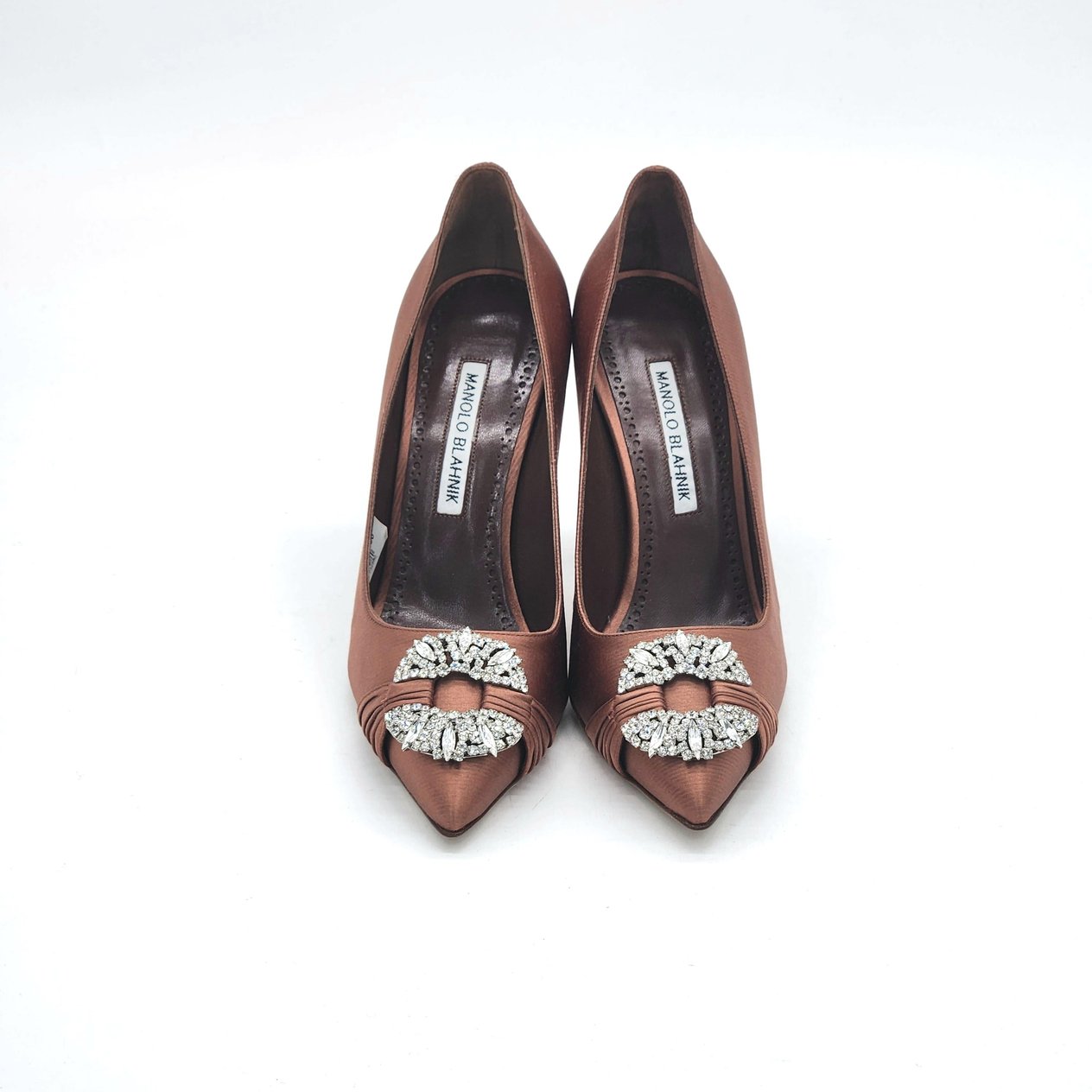  Manolo Blahnik Brick Color Satin Crystal Heels 38 MANOLO BLAHNIK  