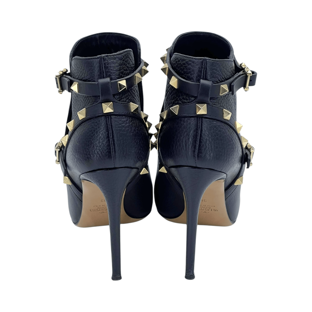  Valentino Black Leather Rockstud Heeled Ankle Boots 38 VALENTINO GARAVANI  
