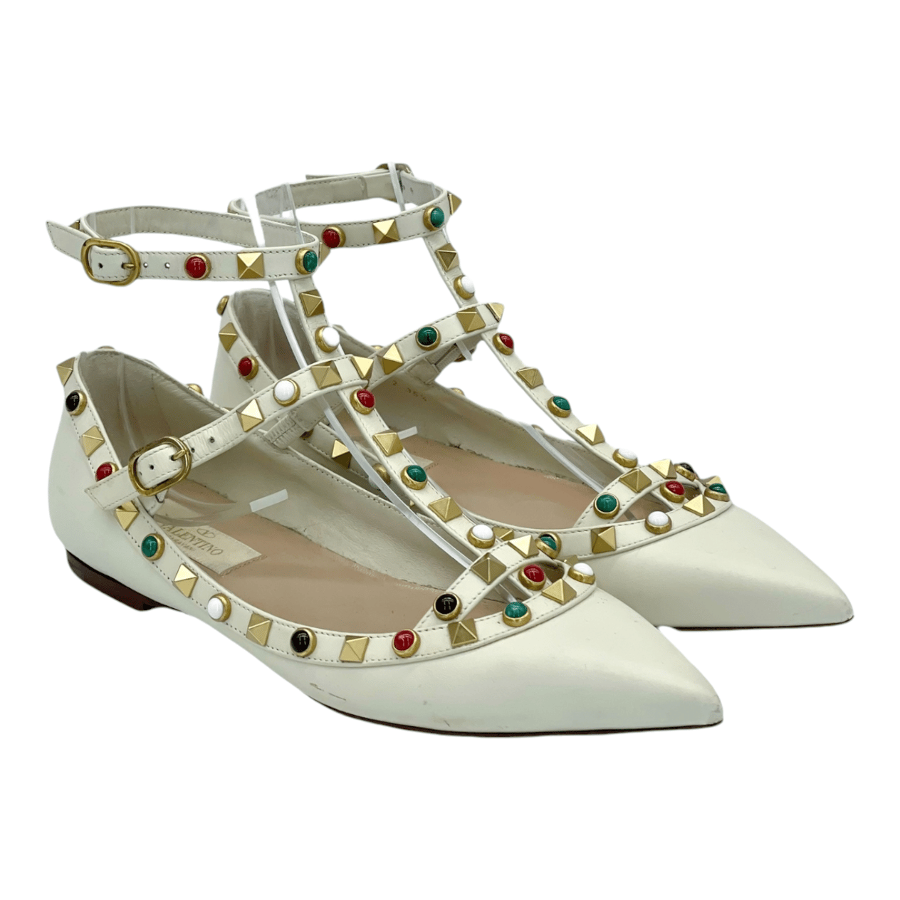  Valentino Garavani Ecru Rockstud Ankle Strap Ballet Flats 35.5 VALENTINO GARAVANI  