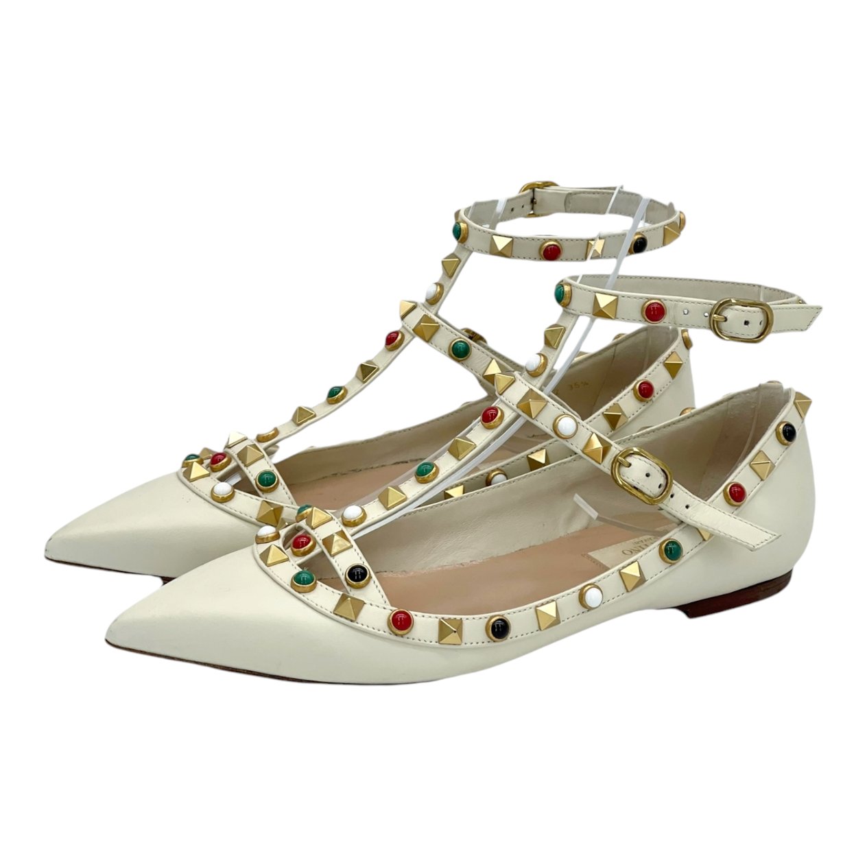  Valentino Garavani Ecru Rockstud Ankle Strap Ballet Flats 35.5 VALENTINO GARAVANI  