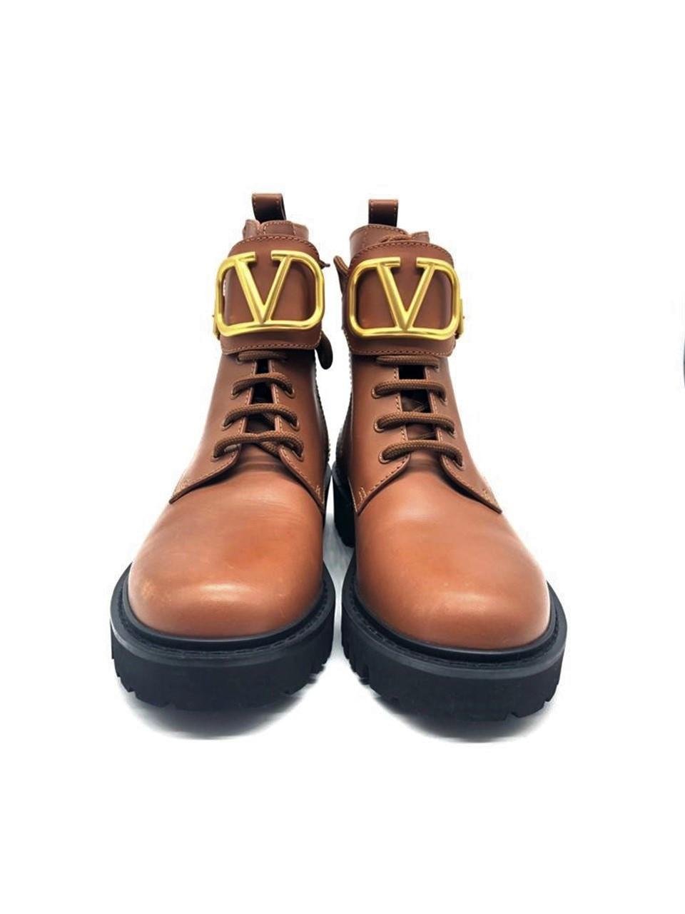  Valentino Garavani V Logo Brown Leather Lace Up Boots VALENTINO GARAVANI  