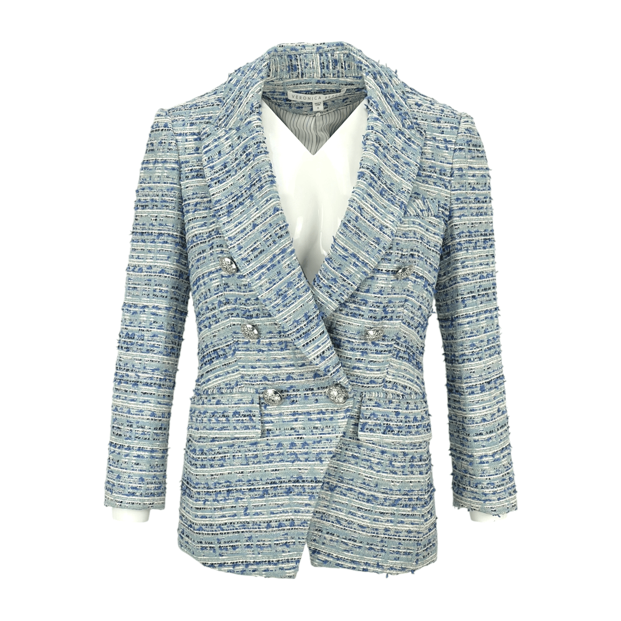 Veronica Beard Light Blue Tweed Double Breasted Silver Button Blazer Jacket 0
