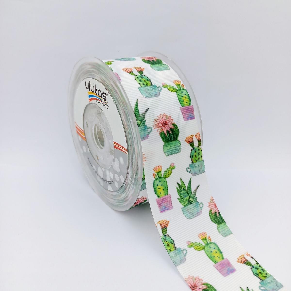 Kaktüs Desenli Yeşil 4 Cm Grogren Kurdele 10 Mt