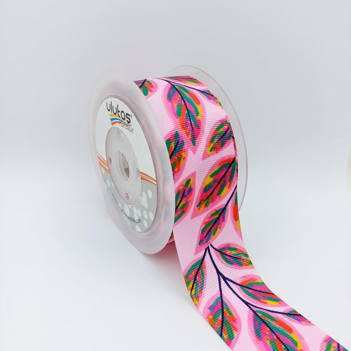 Yaprak Desenli Pembe 4 Cm Grogren Kurdele 5 Mt
