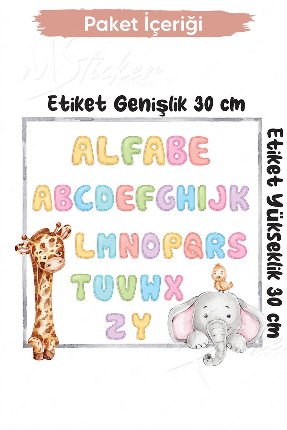 Alfabe Sticker Seti Zürafa ve Filli 30x30 cm Cam Duvar Sticker Seti