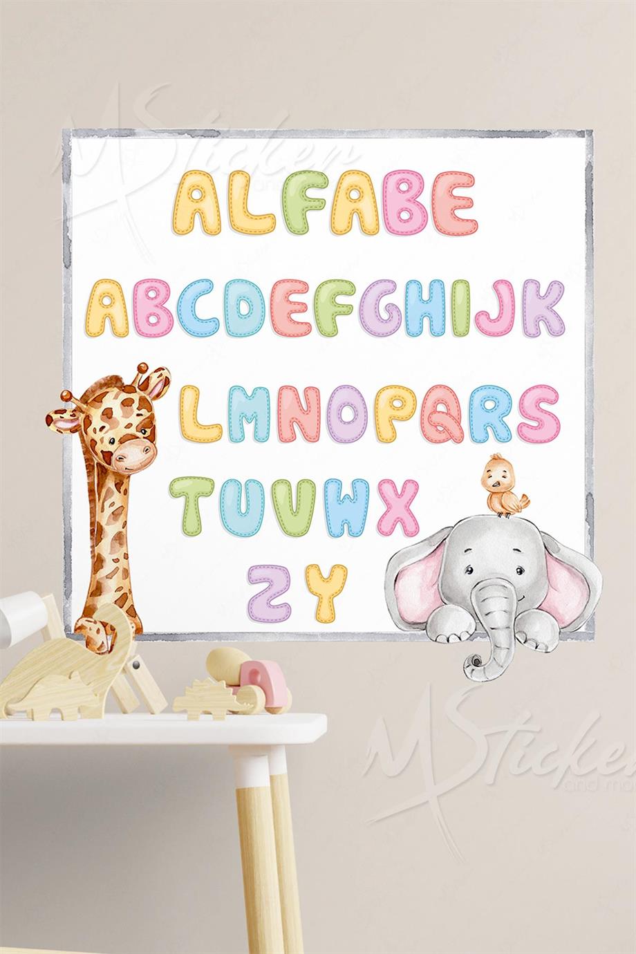 Alfabe Sticker Seti Zürafa ve Filli 30x30 cm Cam Duvar Sticker Seti