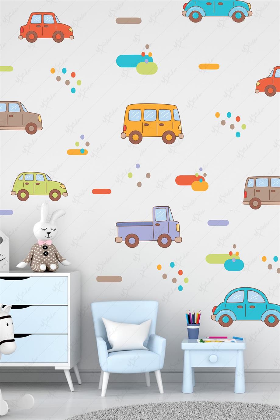 Arabalar Çocuk Odası Sticker Seti - Çocuk Bebek Odası Arabalar ve Puantiyeler Sticker