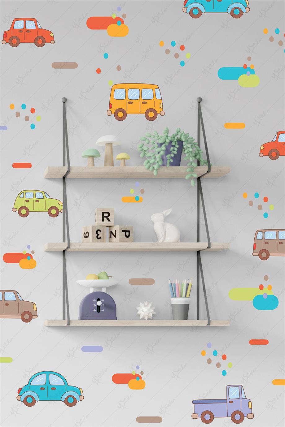 Arabalar Çocuk Odası Sticker Seti - Çocuk Bebek Odası Arabalar ve Puantiyeler Sticker