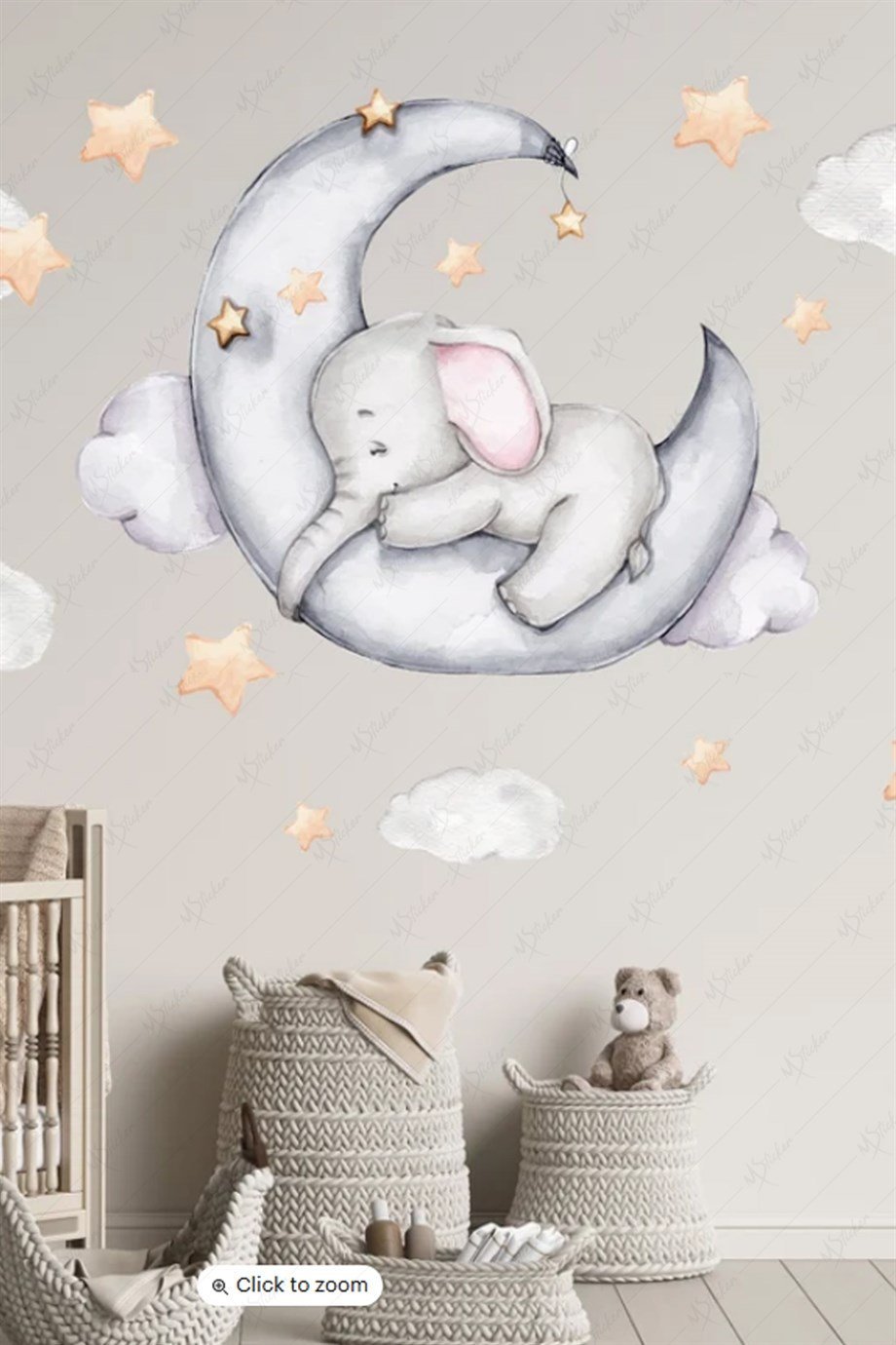 Ayda Uyuyan Fil Bulut Ve Yıldızlar Sticker Seti, Çocuk Bebek Odası Duvar Cam Sticker