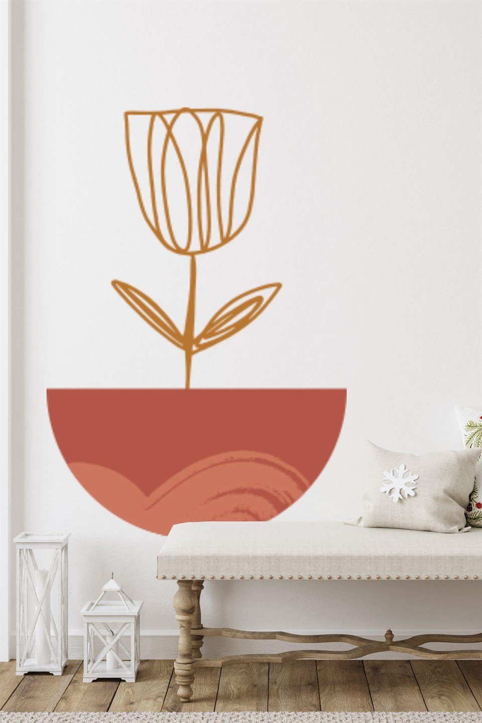 Bohem Tarzı Saksıda Çiçek Soyut Sanat Özel Tasarım Duvar Sticker