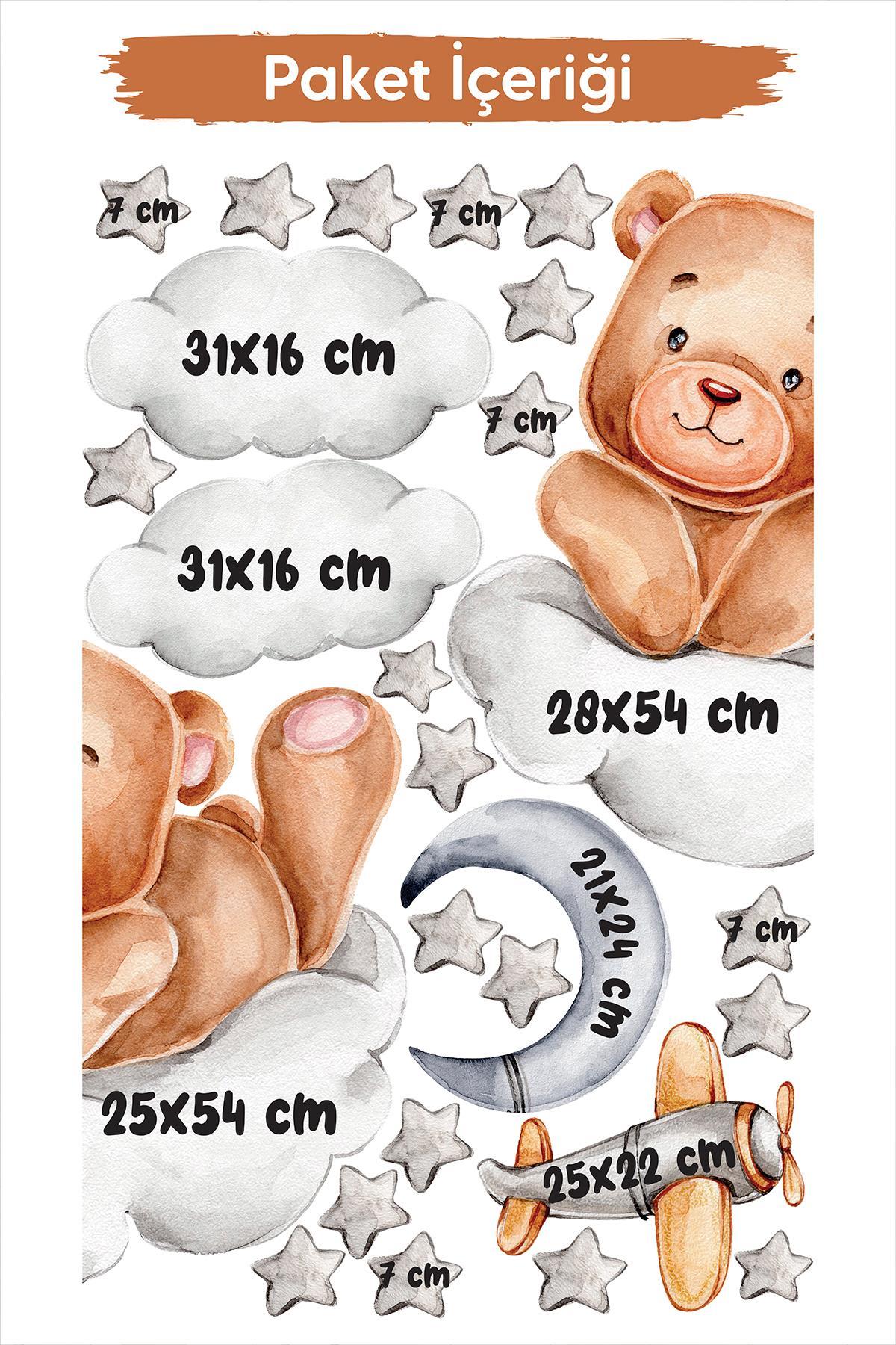 Bulutta Sevimli Ayıcık ve Yıldızlar Bulutlar Sevimli Sticker Seti Çocuk Bebek Odası Cam Duvar Sticke