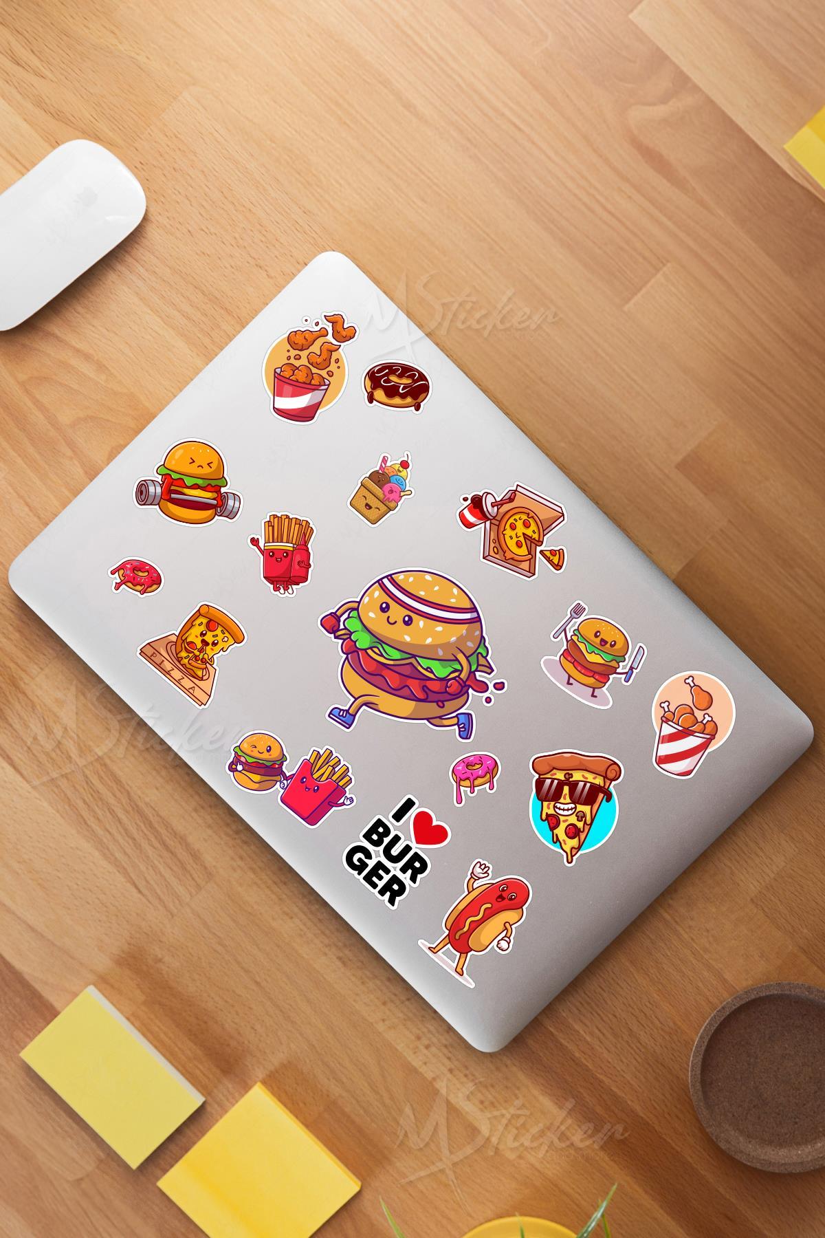 Burger Lover Temalı Laptop Telefon Termos Kask Motor Ayakkabı Defter Ajanda Sticker Seti