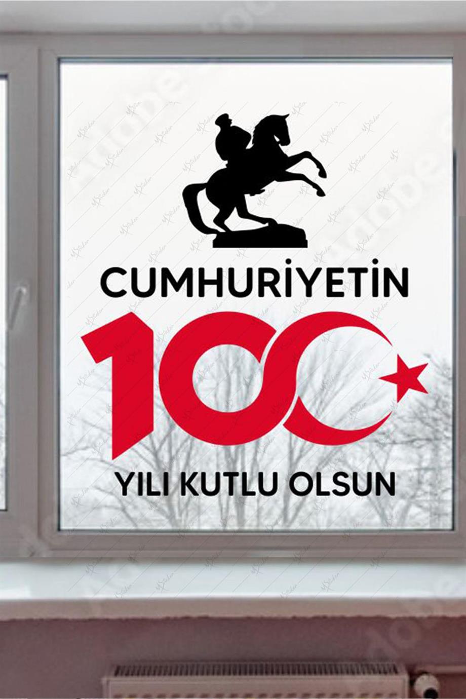 Cumhuriyetin 100.Yılı Kutlu Olsun Sticker, Cam Duvar 29 Ekim Stickerı Çift Yön Görünür Folyo Sticker