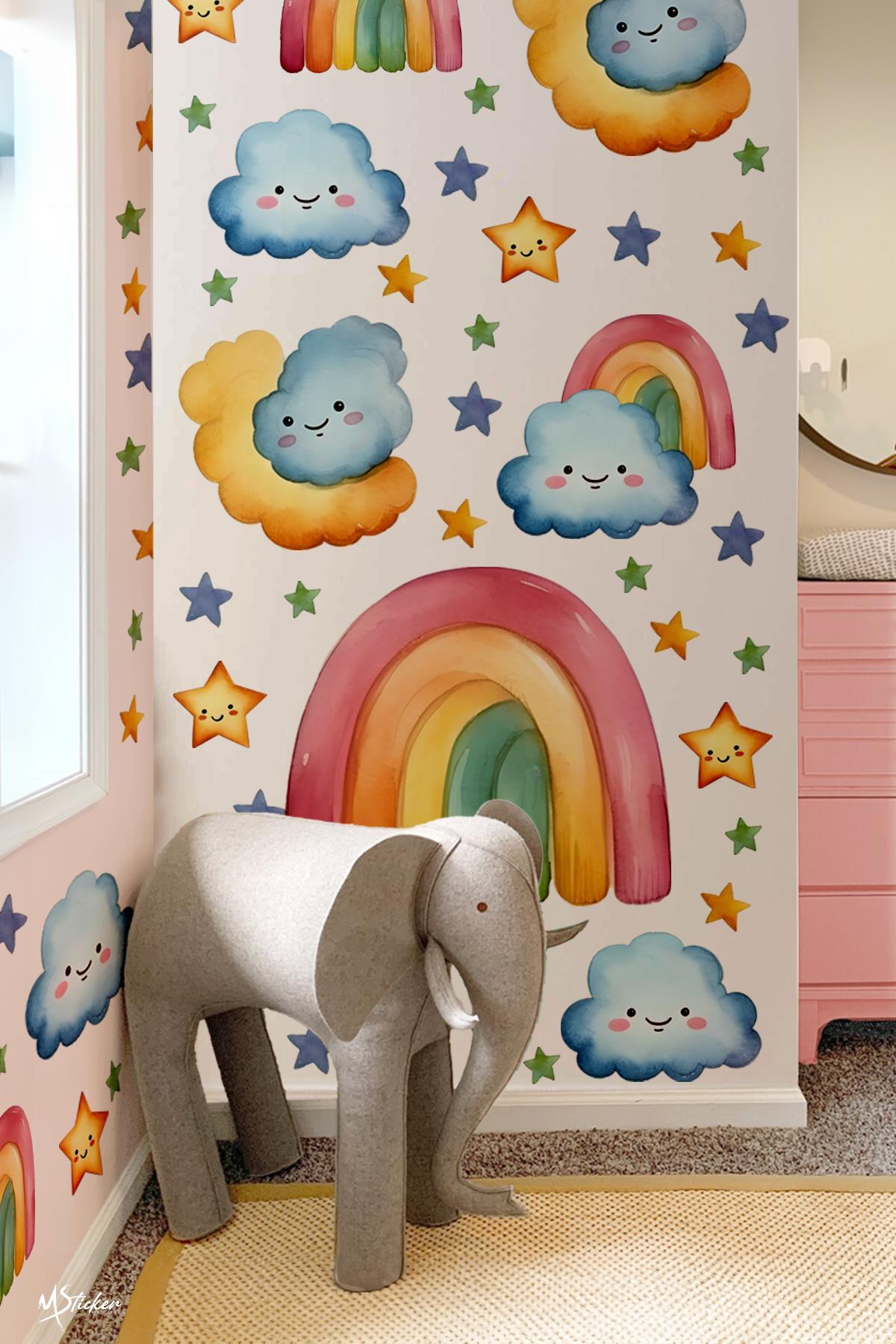 Gökkuşağı, Bulutlar ve Yıldızlar Çocuk Odası Cam Duvar Sticker Seti