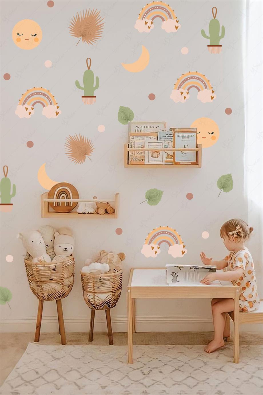 Gökkuşağı ve Bohem Figürler Çocuk Bebek Odası Sticker Seti