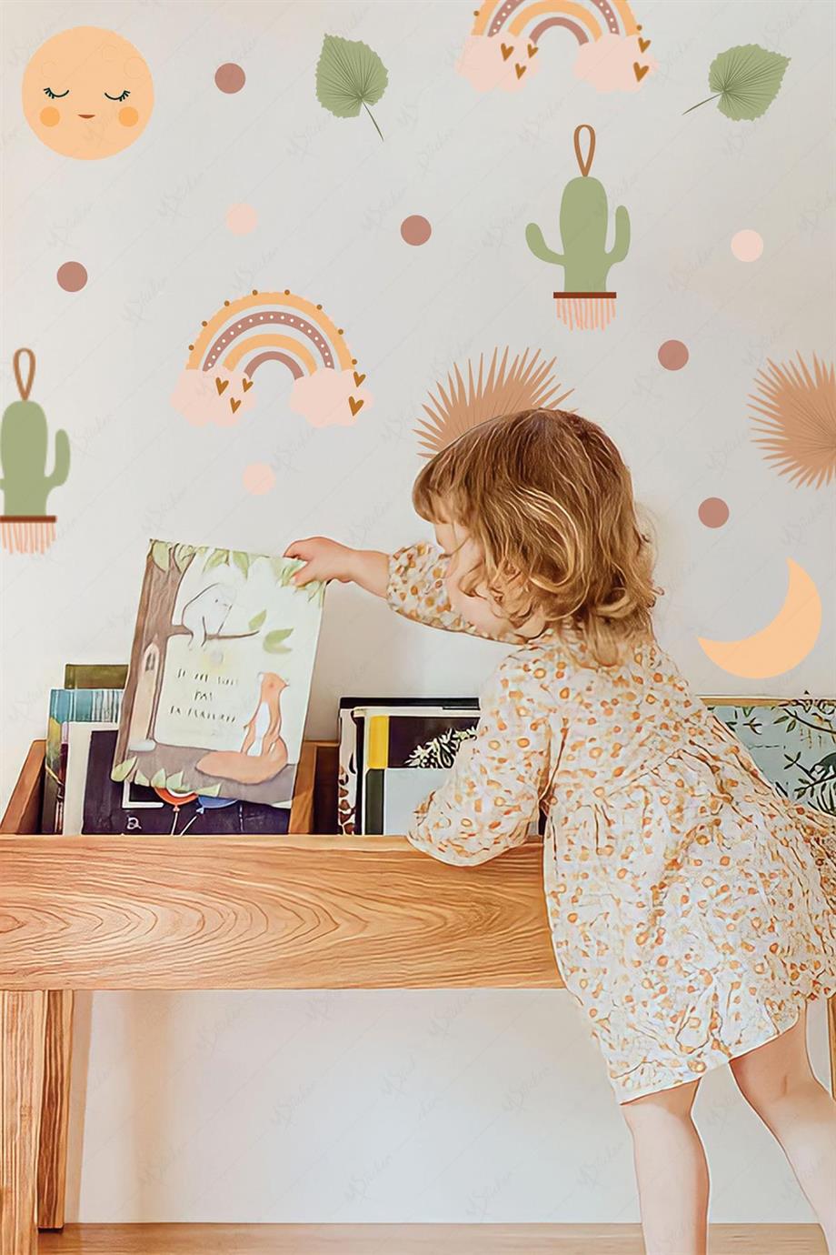 Gökkuşağı ve Bohem Figürler Çocuk Bebek Odası Sticker Seti