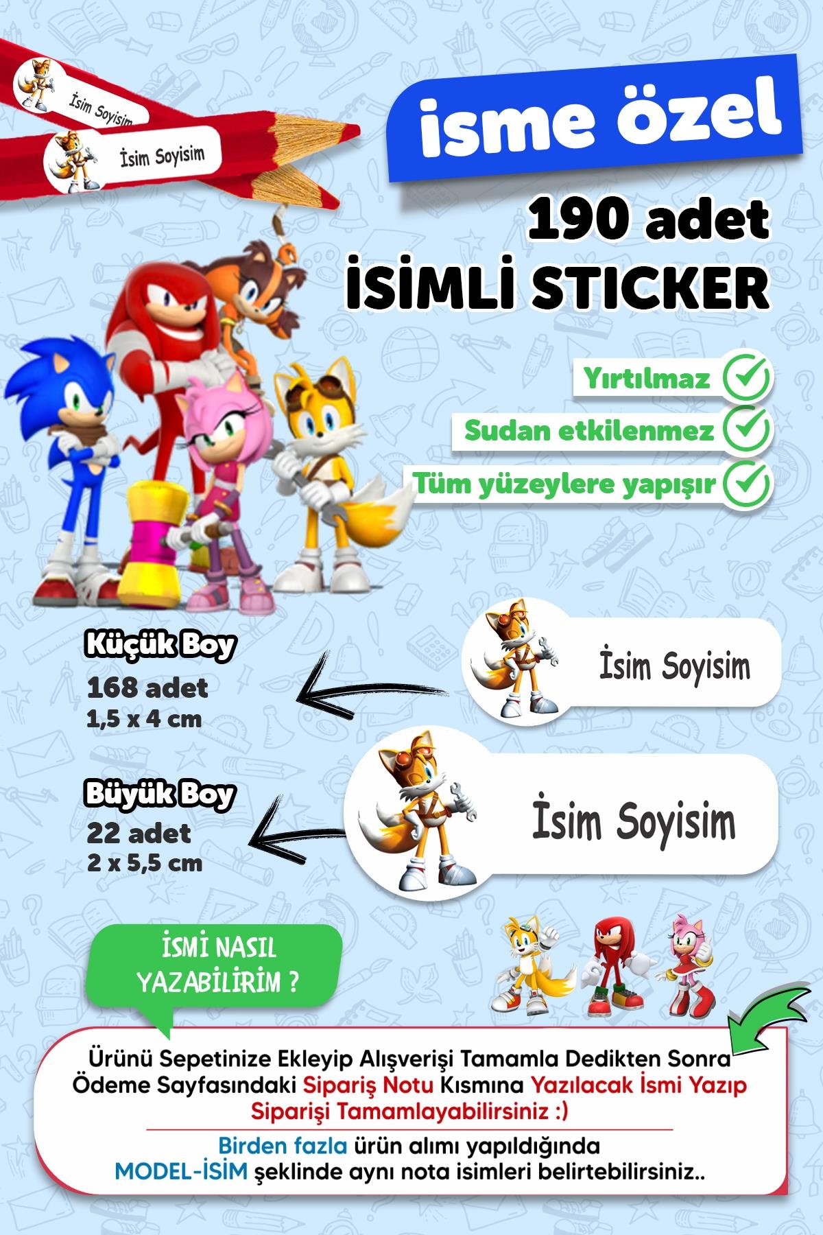 Okul Etiketi Kalem Defter Etiketi Sonic Temalı Isim Yazılabilen Etiket - 190 Adet