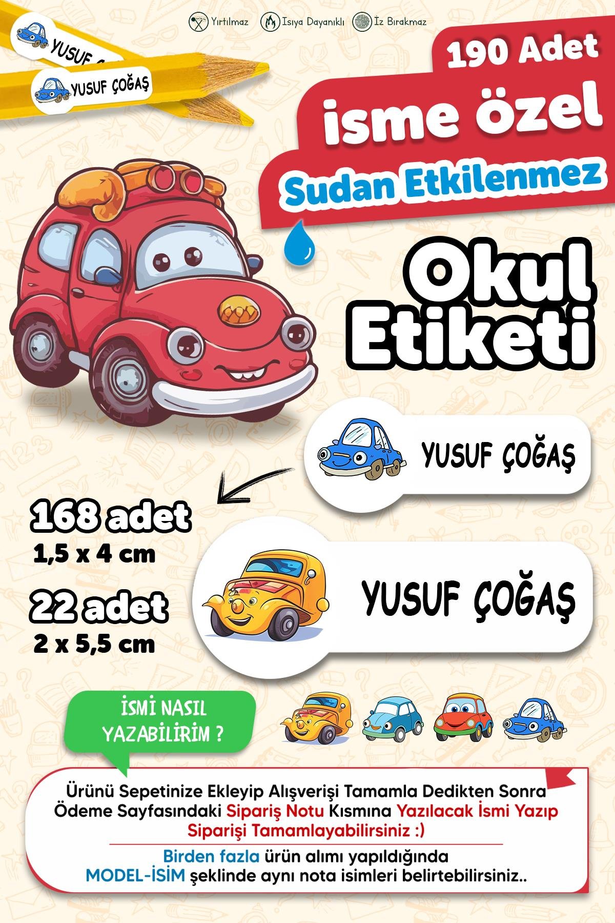 Okul Etiketi Kalem Defter isimli Etiket Isim Yazılabilen Arabalar - 190 Adet Özel Yeni Tasarım