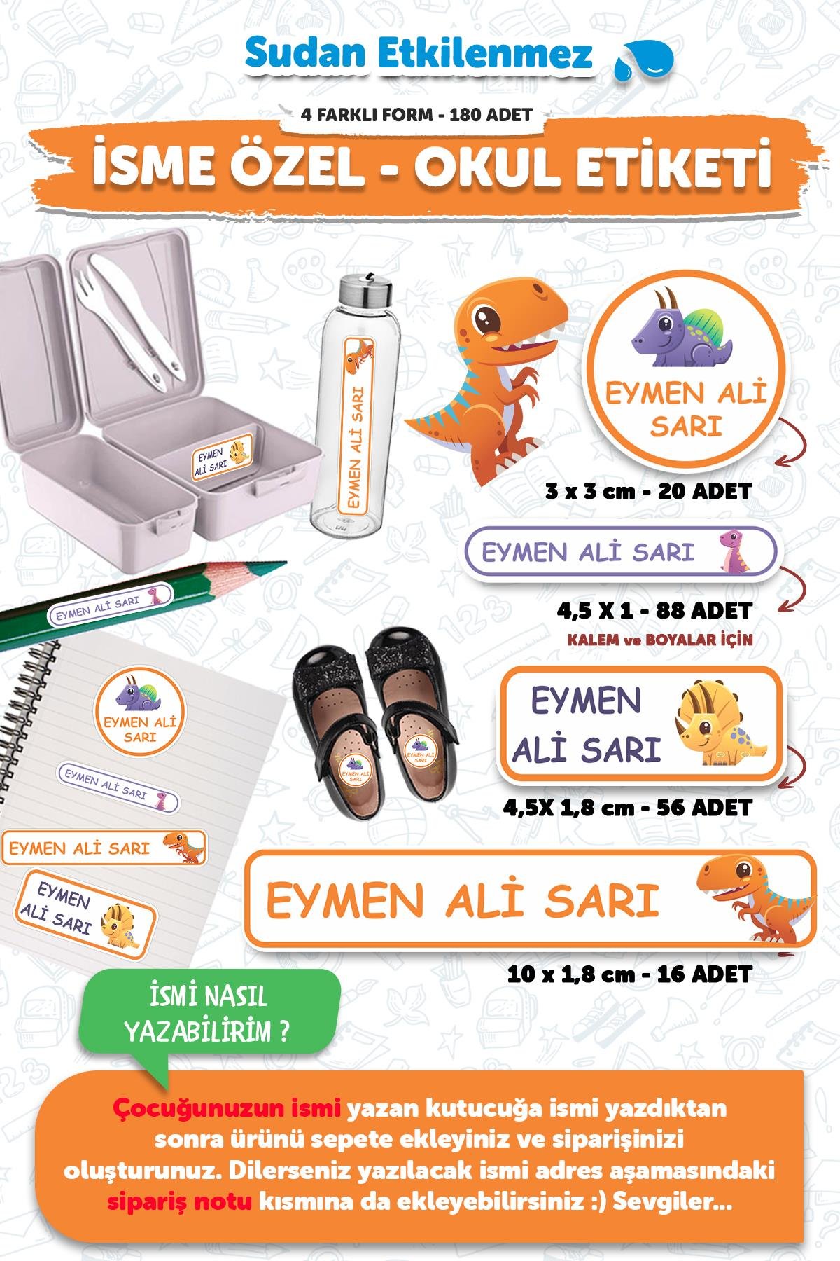 Okul Etiketi Kalem Defter isimli Etiket Isim Yazılabilen Dino Temalı - 172 Adet Özel Yeni Tasarım