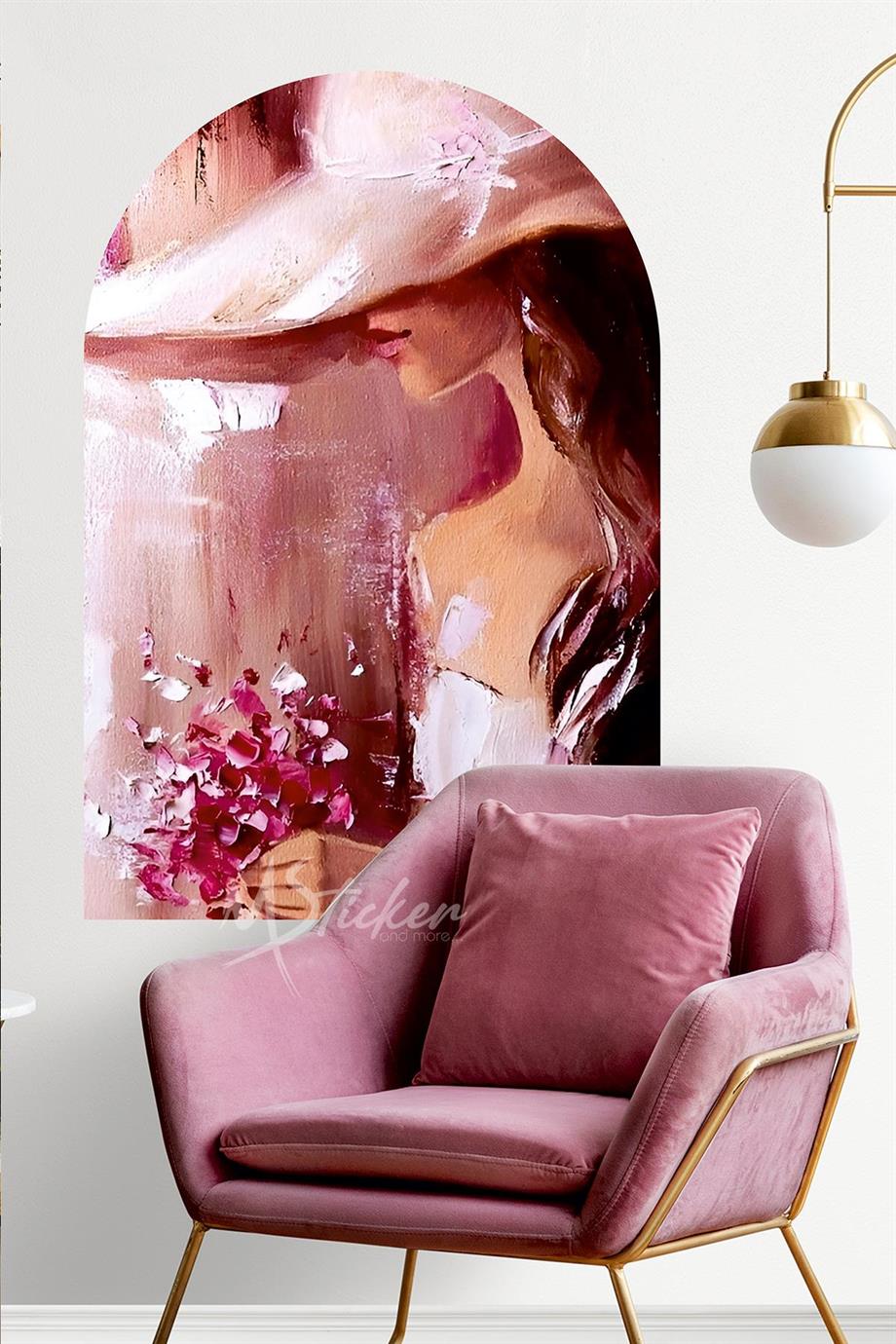 Pastel Renklerde Bohem Pembe Kadın Resmi Salon Mutfak Koridor Stickerı - Boho Bohem Soyut Kadın Sticker