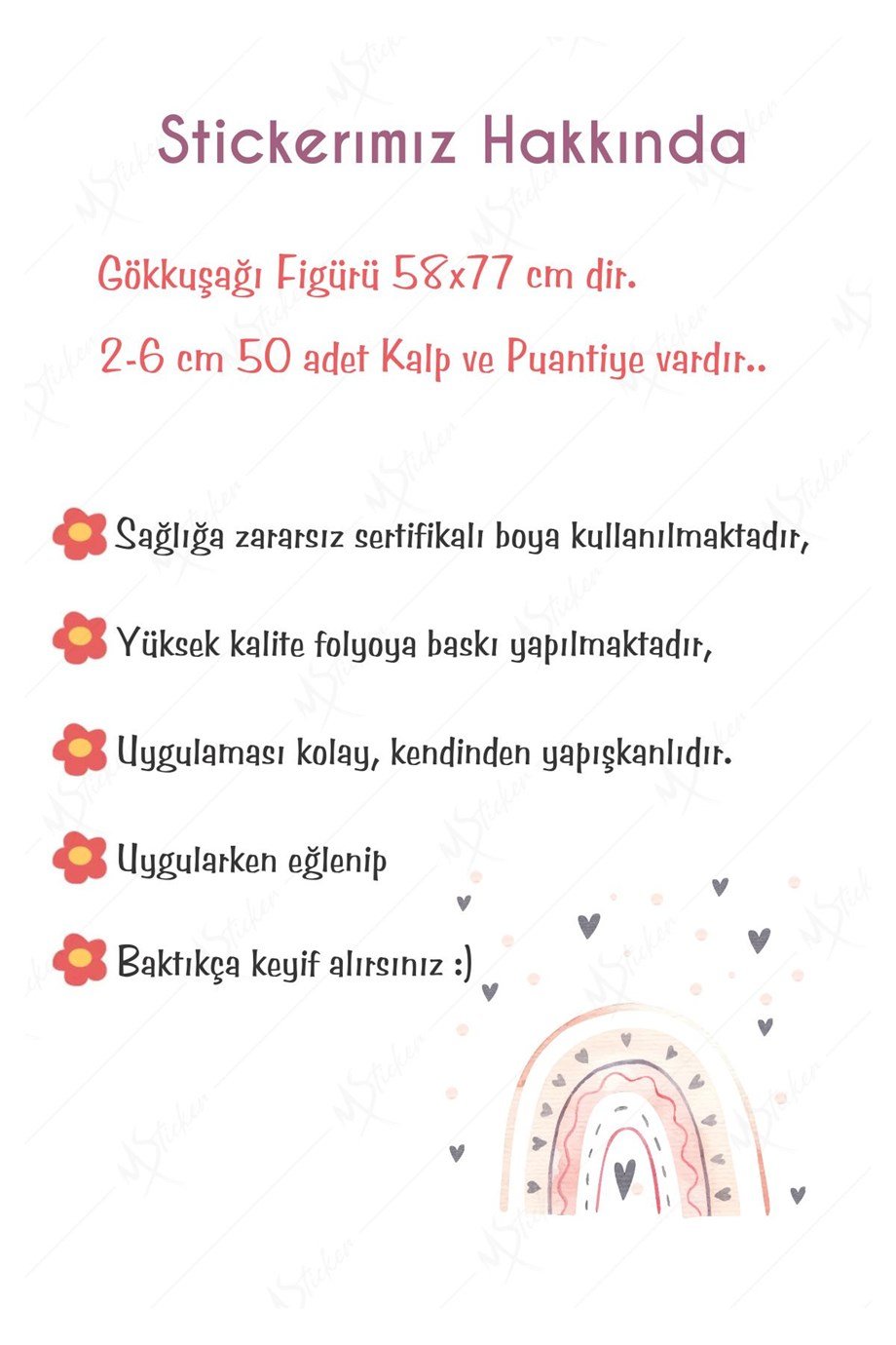 Pembe Tonlarda Gökkuşağı ve Gri Kalpler Çocuk Bebek Odası Dekorasyon Sticker Seti
