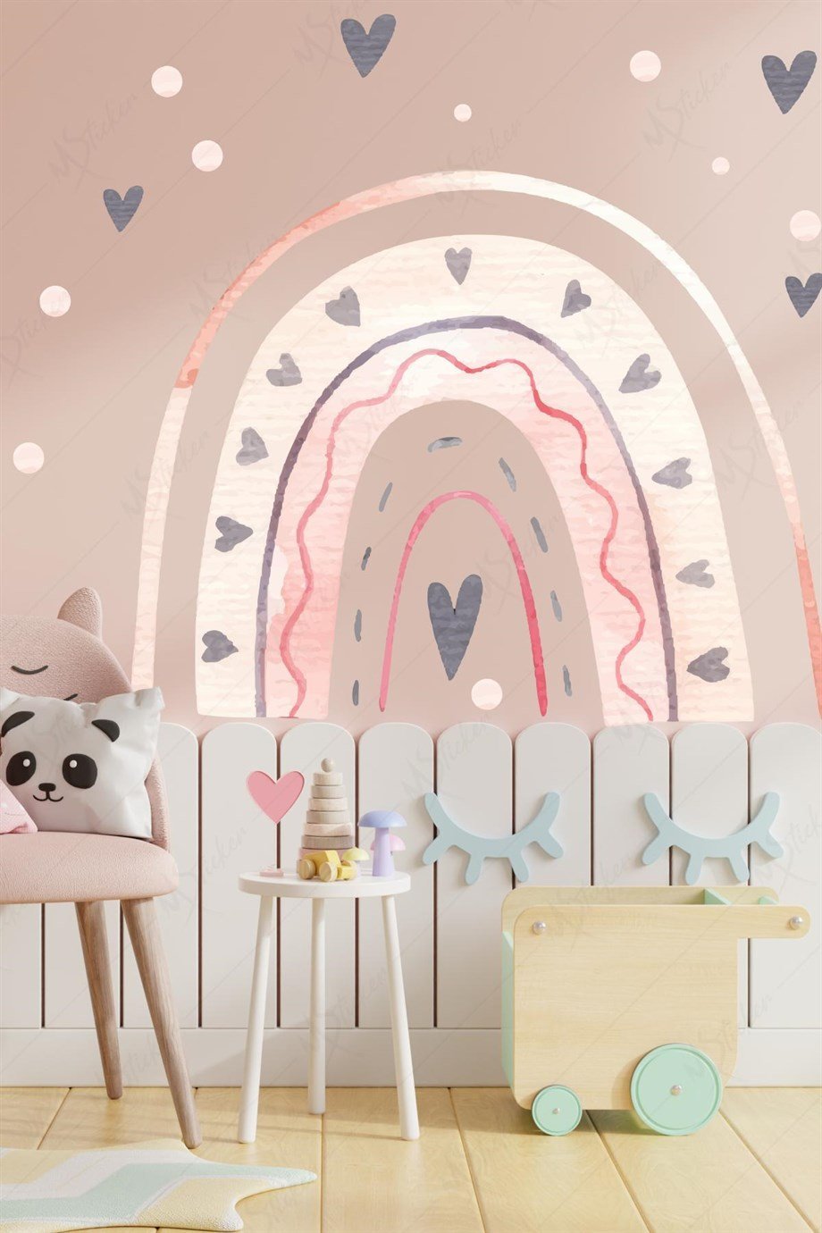 Pembe Tonlarda Gökkuşağı ve Gri Kalpler Çocuk Bebek Odası Dekorasyon Sticker Seti