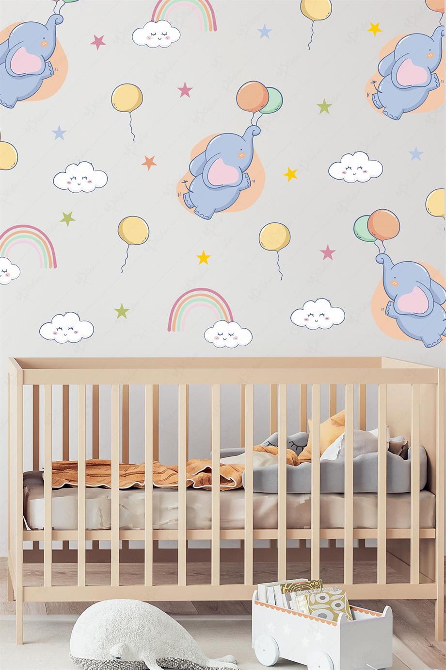 Sevimli Filler ve Balonlar Çocuk Bebek Odası Cam Duvar Dolap Sticker Seti