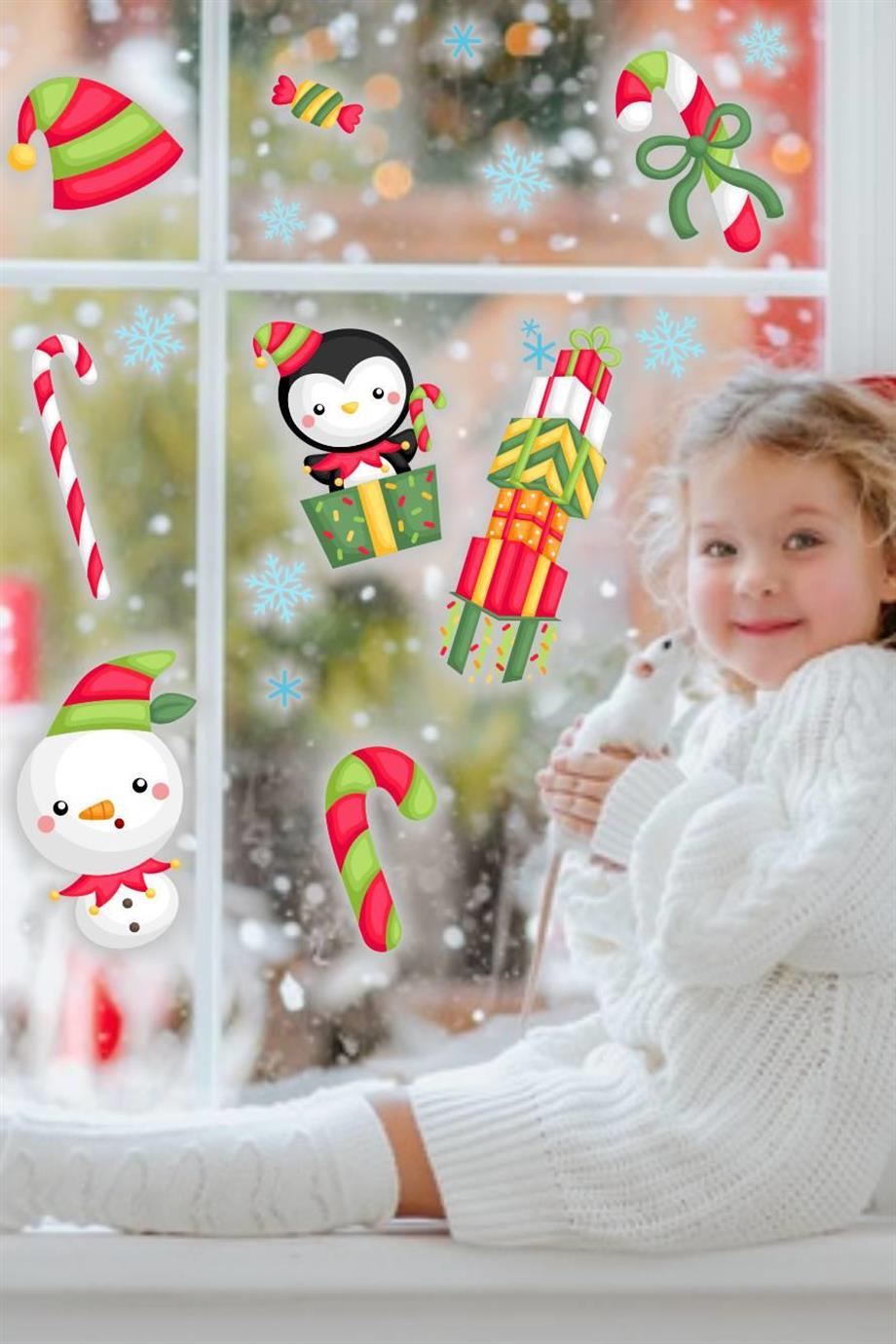 Yılbaşı Özel Kardan adam,Değnek,Noel Süsleri Duvar-Cam Sticker